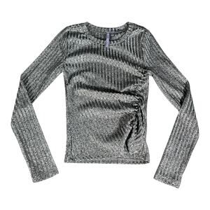 Good Luck Girl Silver Metallic Ribbed Long Sleeve Ruched Side Top Size Small